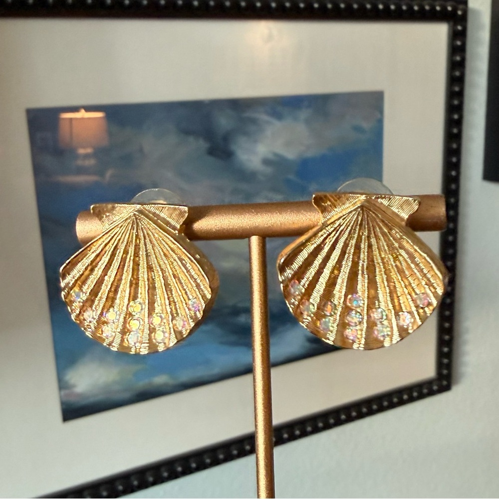 Vintage Kirks Folly Gold Plated Scallop Shell Earrings AB Crystals Pierced 80's